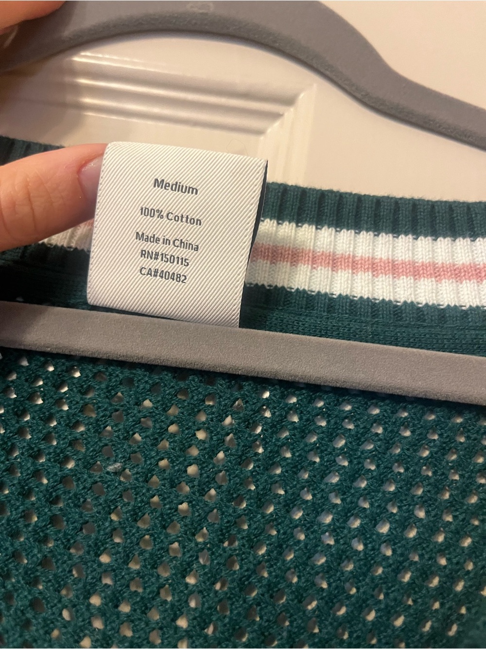 Varley Forest Green V-Neck Knit Sweater with White and Pink Trim - Picture 3 of 4
